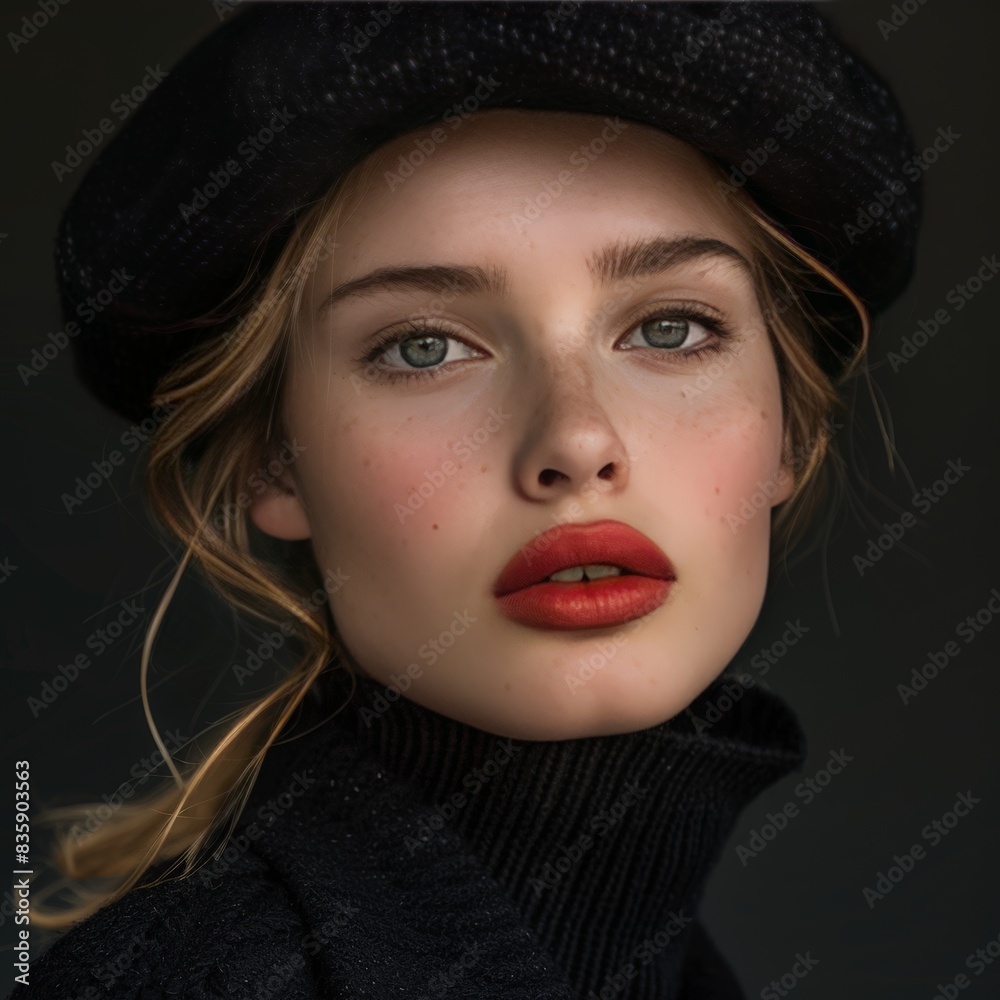 Fashion-Forward Woman in Beret Advertisement Fashion-Forward Woman in Beret Advertisement