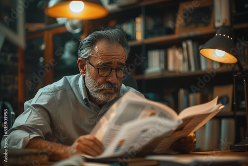 Mature Man Engrossed in Newspaper at Home Office