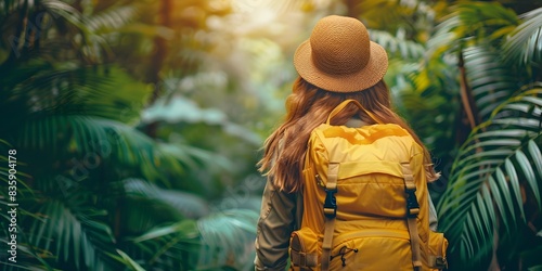 Young Female Hiker Exploring Lush Tropical Jungle Landscape on Adventure Travel Journey for Mental Health Benefits