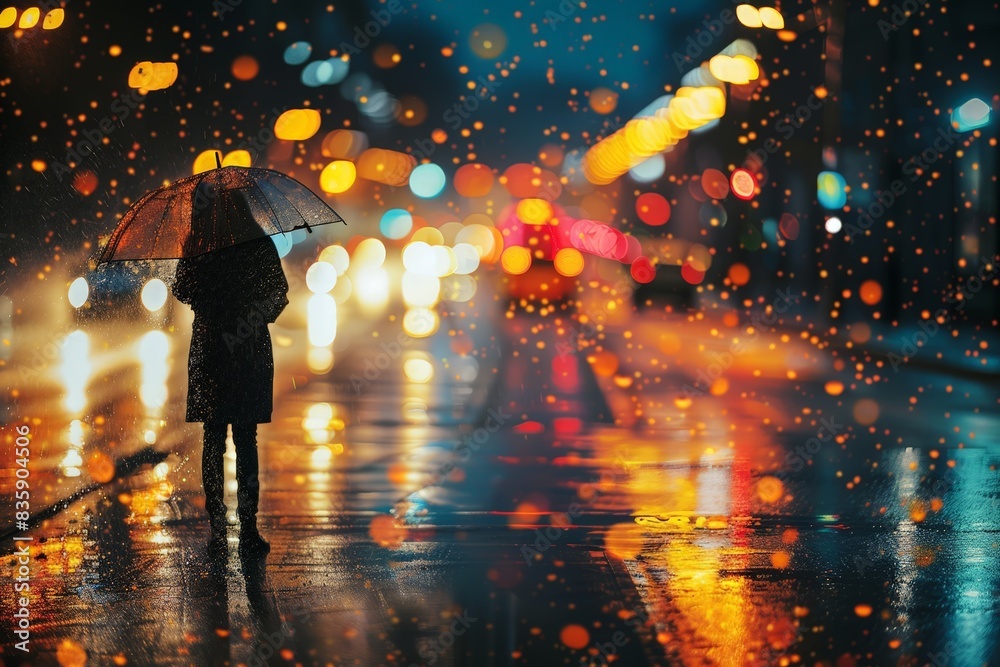Contemplative Night Rain: Lone Figure With Umbrella Under City Lights