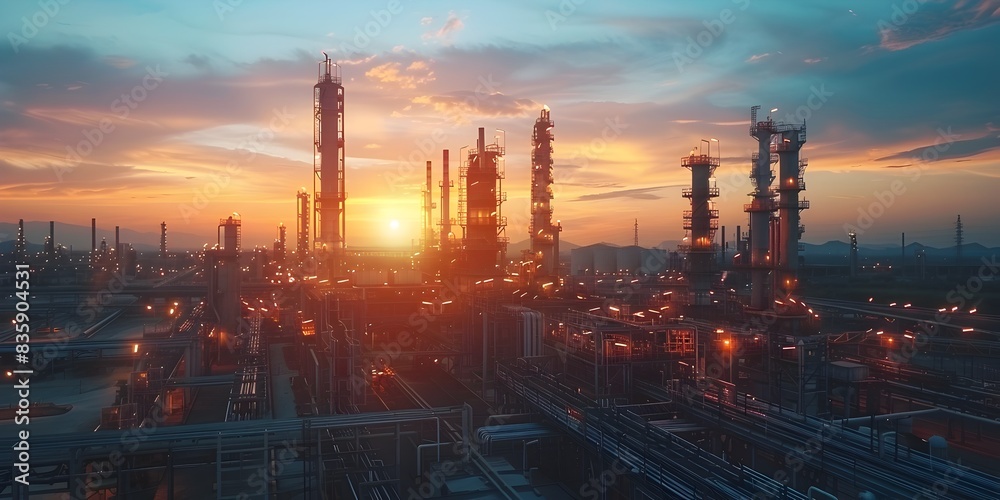 Obraz premium Oil Refinery and Towering Distillation Columns Against Dramatic Desert Sunset Landscape