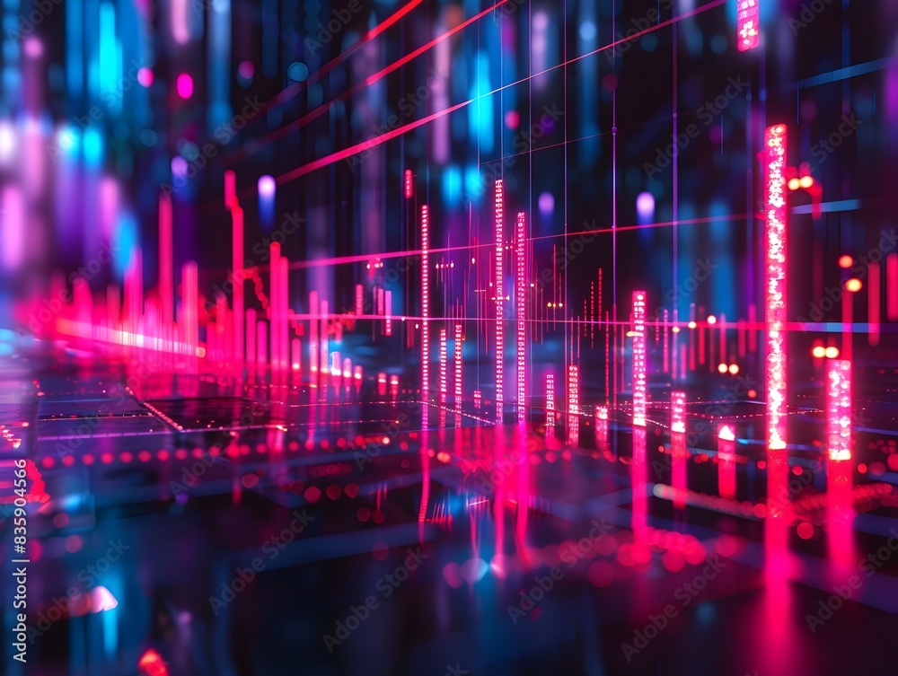 Obraz premium Dramatic Neon Visualization of Market Fluctuations in Futuristic Urban Cityscape