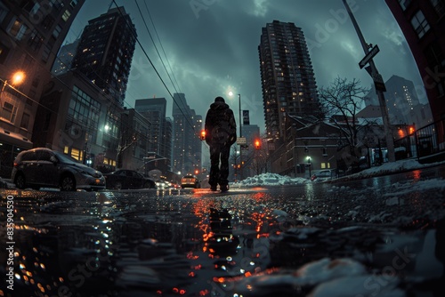 A Nighttime Urban Scene: A Rainy Cityscape at Night with Reflections on the Street, a Person Walking, and Tall Buildings. photo