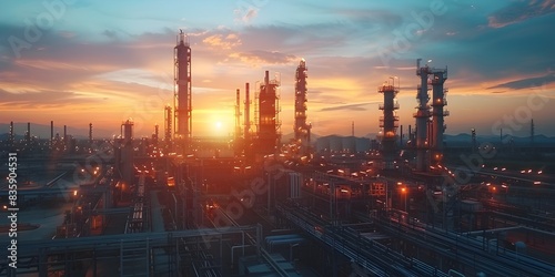 Oil Refinery and Towering Distillation Columns Against Dramatic Desert Sunset Landscape