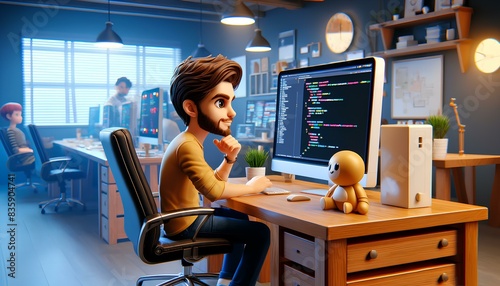 3D illustration of a web developer working at a computer. photo