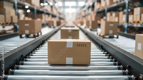 Efficient E Commerce Logistics in a Distribution Warehouse with Conveyor Belt and Stacked Boxes