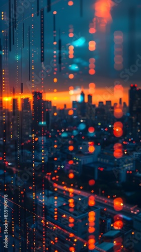 Vibrant cityscape backdrop illuminates financial data visualization showcasing the interconnectedness of urban life and global markets