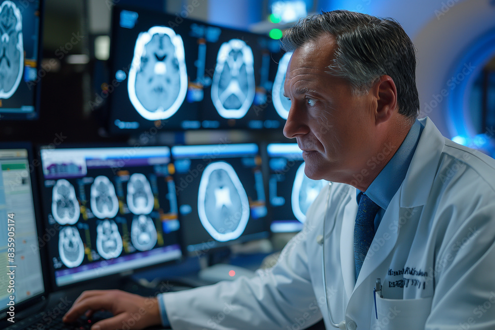 A specialist doctor in a radiology examination room is analyzing medical images on multiple computer screens from an MRI machine. Healthcare and technology, their role in modern medicine. A specialist doctor in a radiology examination room is analyzing medical images on multiple computer screens from an MRI machine. Healthcare and technology, their role in modern medicine.