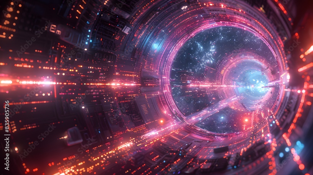 Obraz premium Cyber Showdown in the Cosmic Arena - Futuristic AI vs Human Technology Battle with Neon Designs and Space Visuals