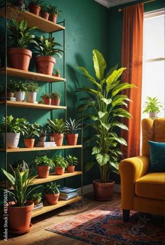 Cozy Green Living Room with Plants and Yellow Armchair photo