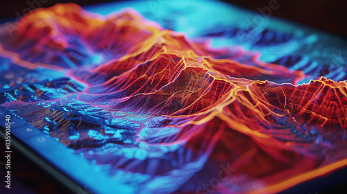 A macro view of a holographic map projected above a tablet, highlighting the 3D terrain details.