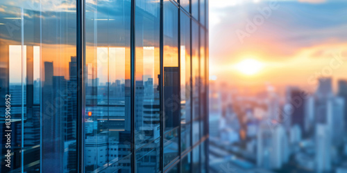 A skyline of a modern city with skyscrapers and office buildings at sunset represents a business concept, with a blurred panoramic view of urban architecture in daylight.