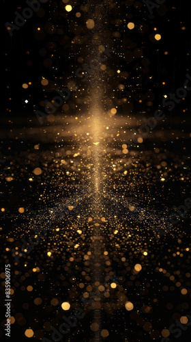 Golden light particles float in the air against a dark backdrop, creating a celebratory and successful atmosphere with a symmetrical composition.