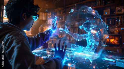 A detailed view of a digital character interacting with real-world objects through an AR device.