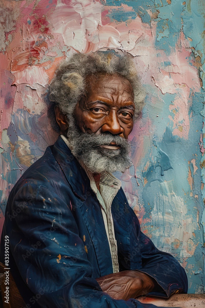 Portrait of a thoughtful elderly man with a gray beard against a colorful abstract background. Portrait of a thoughtful elderly man with a gray beard against a colorful abstract background.