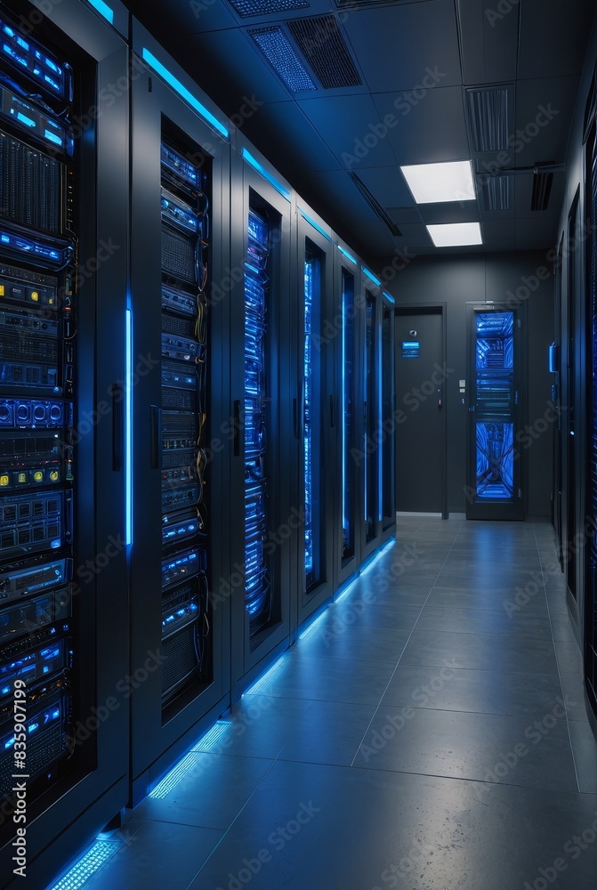 Server room with blue lighting Server room with blue lighting