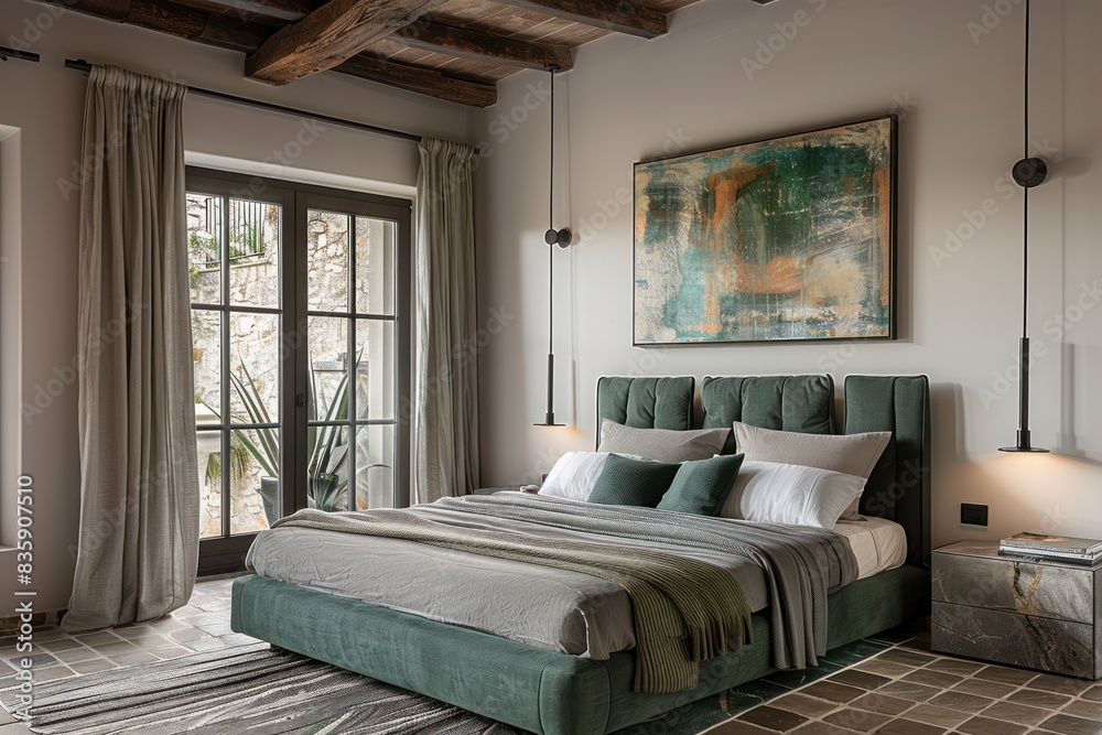 Cozy bedroom interior with a green bed, stylish decor, and a vintage map on the wall. Cozy bedroom interior with a green bed, stylish decor, and a vintage map on the wall.