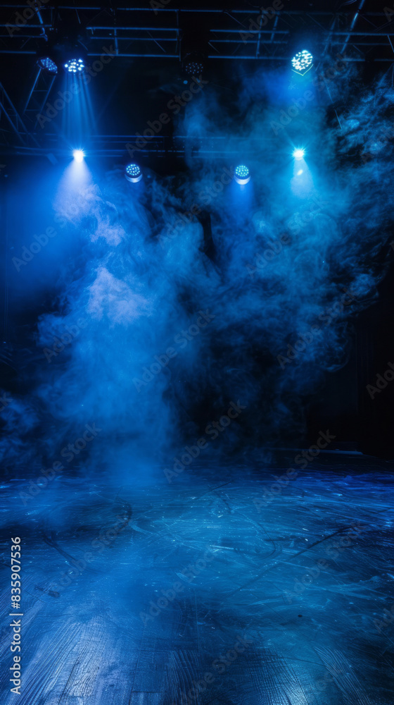 Fototapeta premium Spotlights illuminate a stage, creating an atmospheric and mysterious ambiance.