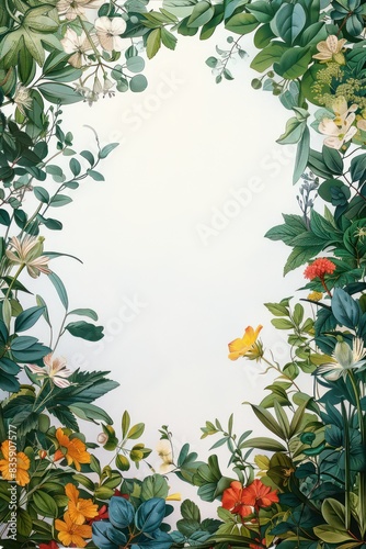 Floral border with colorful flowers and green leaves on a white background  suitable for invitations or cards.