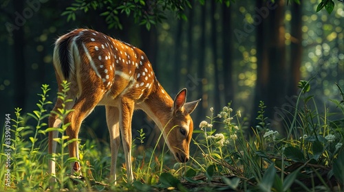 A white-tailed deer fawn stands in tall grass, facing the camera