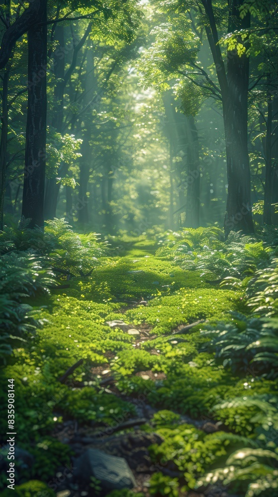 Obraz premium Aerial view of lush green forest canopy with various shades of green foliage, suitable for backgrounds or nature themes.