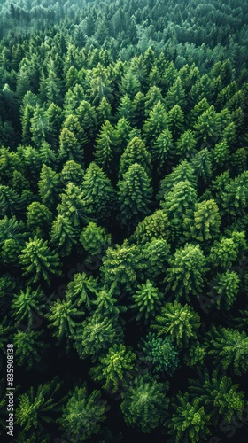Aerial view of lush green forest canopy with various shades of green foliage  suitable for backgrounds or nature themes.