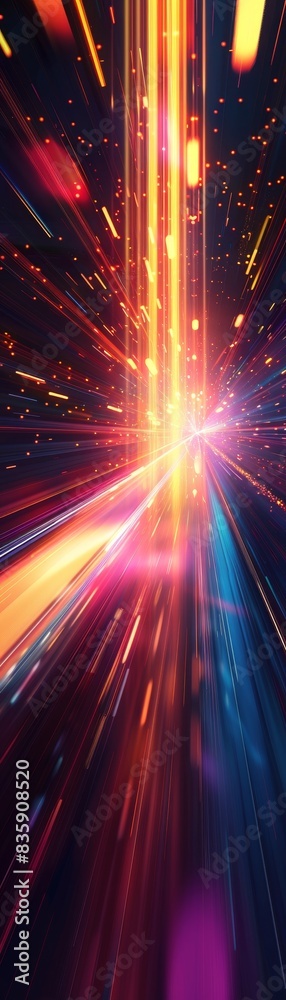 A colorful, abstract image of a bright light with a purple and orange stripe