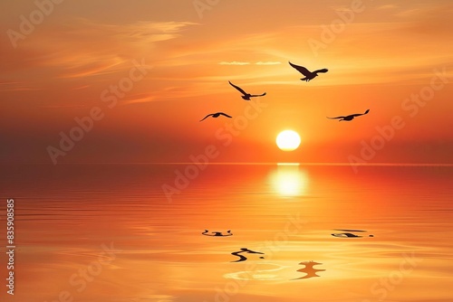 Serene sunset over calm water with silhouette of birds in flight reflecting in the surface, creating a peaceful and tranquil scene.