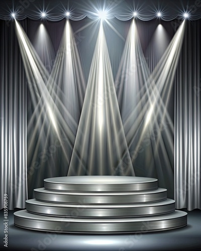 Silver tiered stage with dramatic curtains.