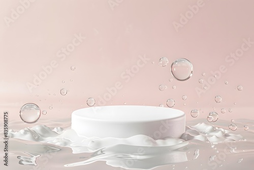 empty podium product display with water ripples and green leaf, for beauty cosmetic mockup presentation, nature and pristine