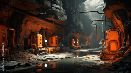 Fototapeta Naklejka Na Ścianę i Meble -  Amidst the ruins of an ancient space station drifting in the void of space, salvagers uncover lost technologies and forbidden knowledge hidden within its crumbling halls. Painting Illustration style,