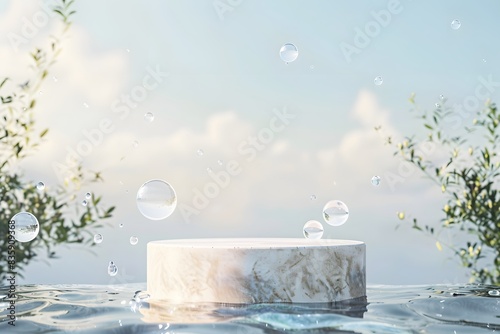 empty podium product display with water ripples and green leaf, for beauty cosmetic mockup presentation, nature and pristine