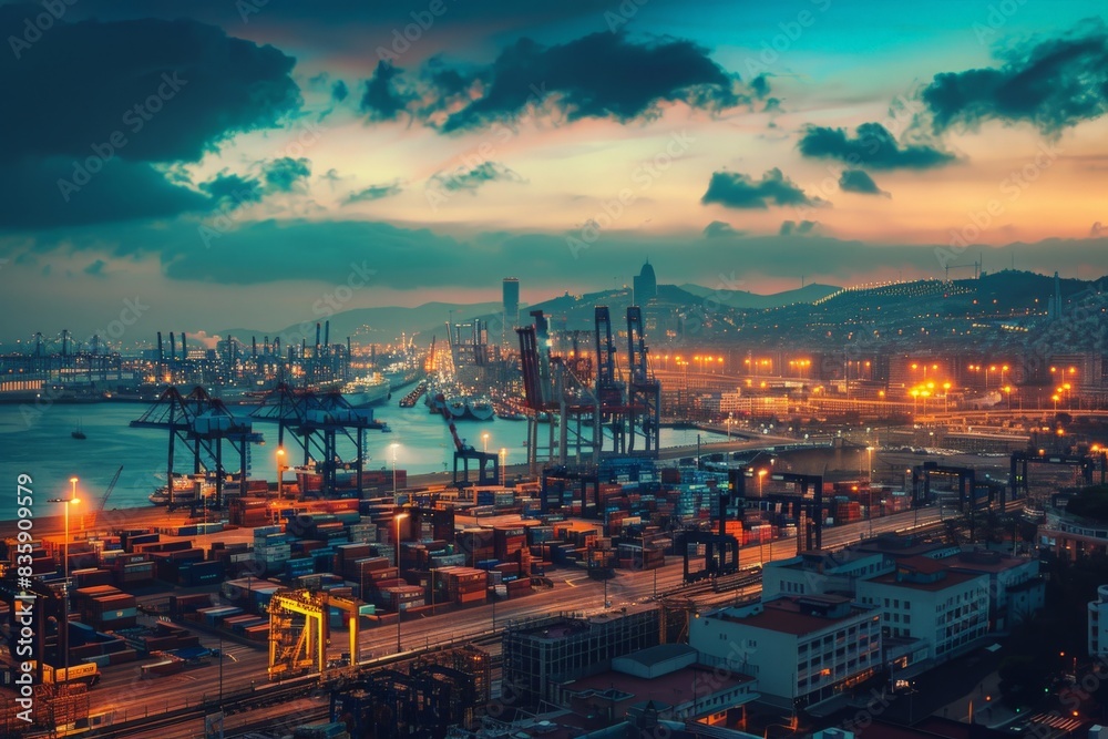 Commercial dock at dusk with containers and cranes Commercial dock at dusk with containers and cranes
