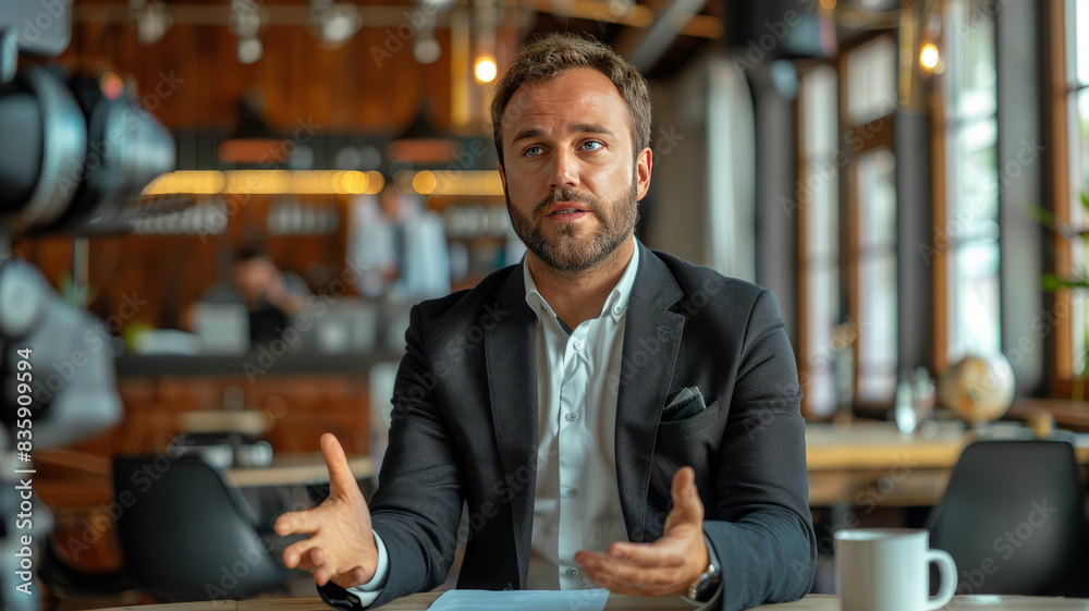 Fototapeta premium Confident lawyer in formal attire, speaking on camera in a modern family business setting.generative ai