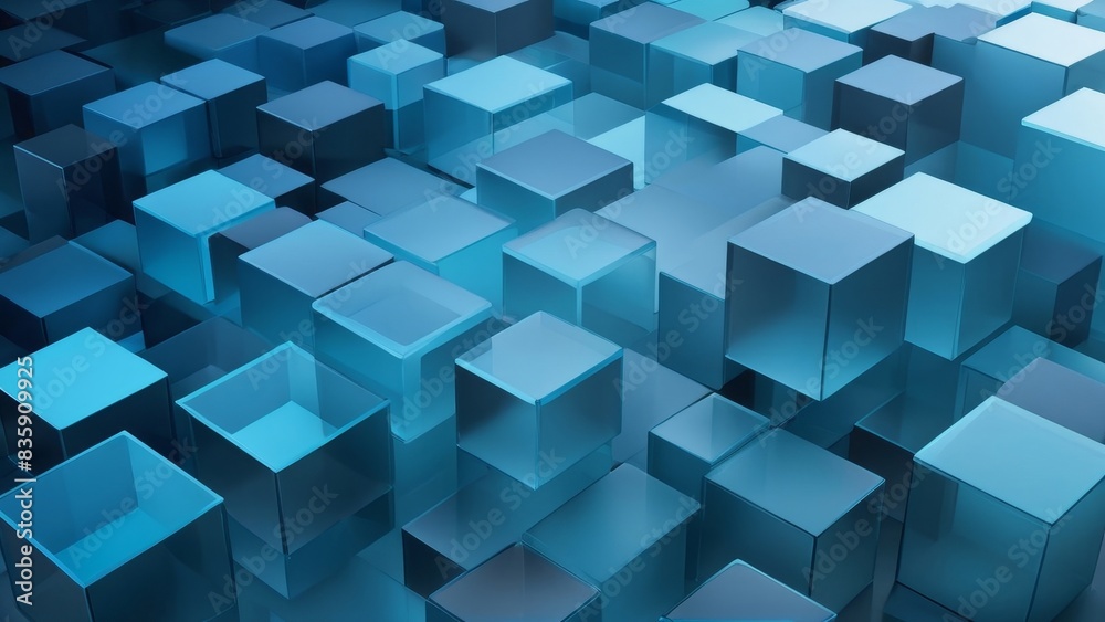 3D Render of Innovative Tech Background Turquoise and Black Translucent Cubes