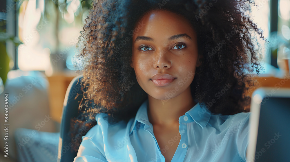 Young African American woman in shirt sitting at workplace in office Young African American woman in shirt sitting at workplace in office