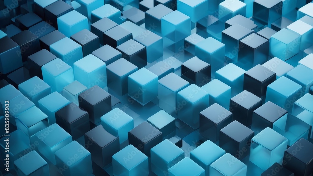 3D Render of Innovative Tech Background Turquoise and Black Translucent Cubes 3D Render of Innovative Tech Background Turquoise and Black Translucent Cubes