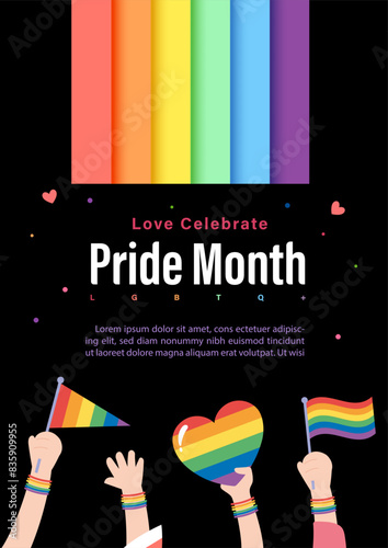 Card and poster illustration with Pride Month concept and example texts in flat style and vector design.