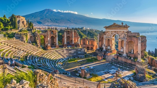 Ancient Greek theatre in Taormina on background of Etna Volcano, Sicily, Italy.