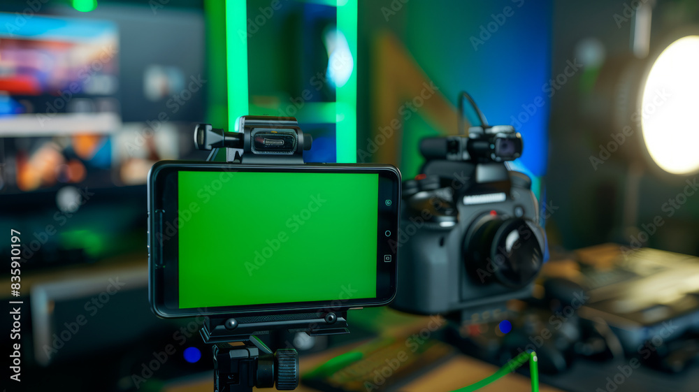 a horizontal smartphone in a gaming room, the phone has greenscreen and is angled straight towards the camera,generative ai a horizontal smartphone in a gaming room, the phone has greenscreen and is angled straight towards the camera,generative ai