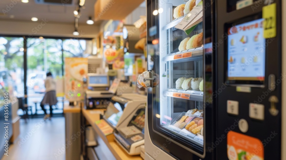 A sleek, modern onigiri dispenser in a convenience store, providing freshly made onigiri with digital customization options, emphasizing convenience and technology. A sleek, modern onigiri dispenser in a convenience store, providing freshly made onigiri with digital customization options, emphasizing convenience and technology.