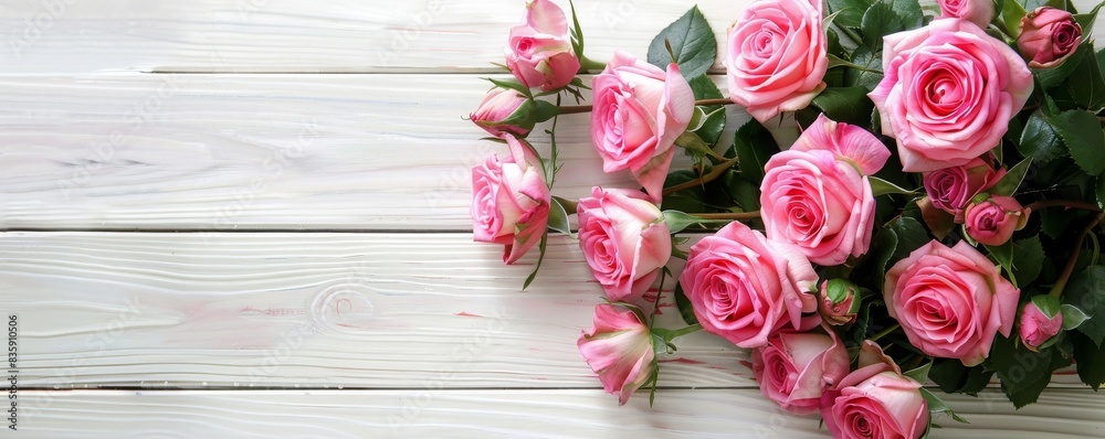 Bouquet of beautiful pink roses on a white wooden background with copy space for text, Top view, wedding, anniversary, birthday, valentine, easter, summer, spring banner Bouquet of beautiful pink roses on a white wooden background with copy space for text, Top view, wedding, anniversary, birthday, valentine, easter, summer, spring banner