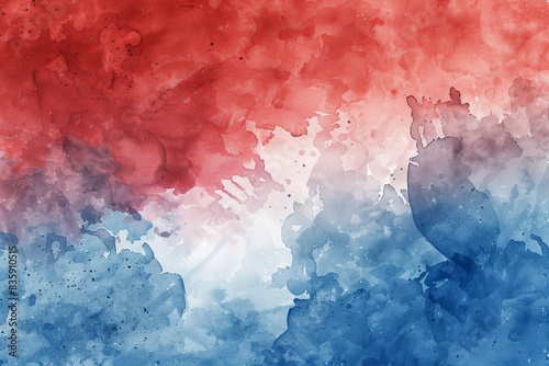 July 4th background, veterans day or independence day background in red white and blue colors, patriotic border in painted red and blue watercolor design with old vintage texture photo