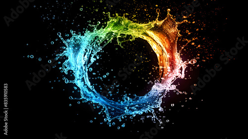 water splash in the shape of round circle, circular, rainbow color, black background, isolated, gradient color