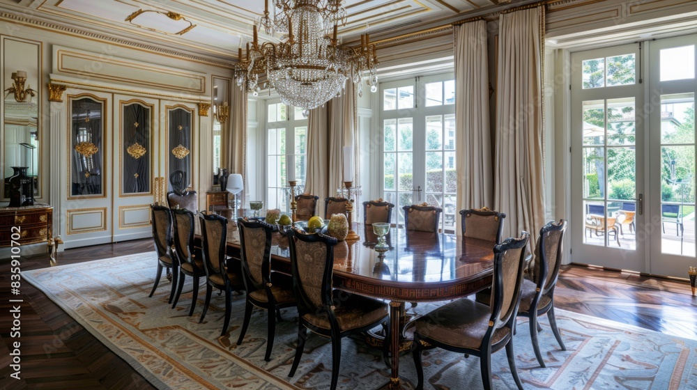 Fototapeta premium A stylish dining room setup with a grand wooden table, elegant chairs, and a chandelier for lighting --ar 16:9 --style raw Job ID: 0de0d65f-dcbf-412c-9ca2-472a479a1464