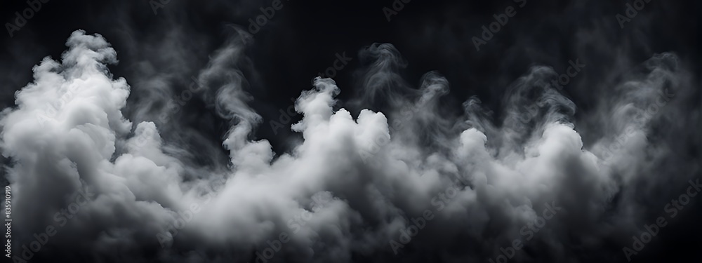 Smoke and Black Ground Fog with Cloud Floor Mist Background. Steam, Dust, Dark and White Horror Overlay. Ground Smoke Haze at Night with Black Water Atmosphere.