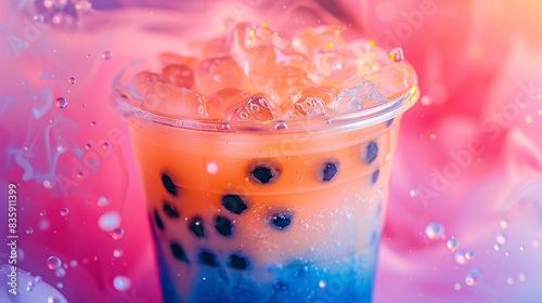 A close-up shot of a refreshing cup of boba tea, with tapioca pearls visible through the clear plastic cup, surrounded by a halo of condensation, against a colorful background. photo