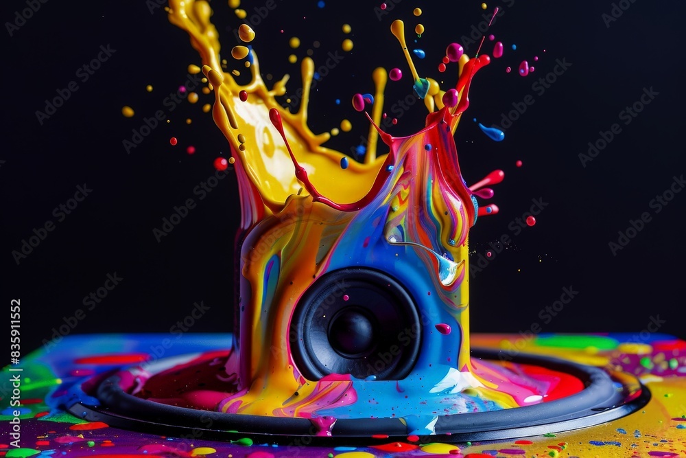 Obraz premium This is a colorful paint splash on a speaker isolated on a black background