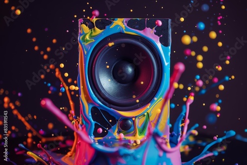 This is a colorful paint splash on a speaker isolated on a black background
