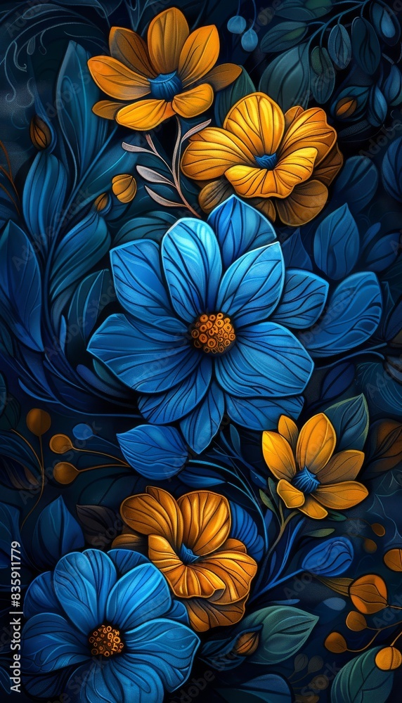 A close-up view of blue and orange flowers in a decorative floral pattern A close-up view of blue and orange flowers in a decorative floral pattern